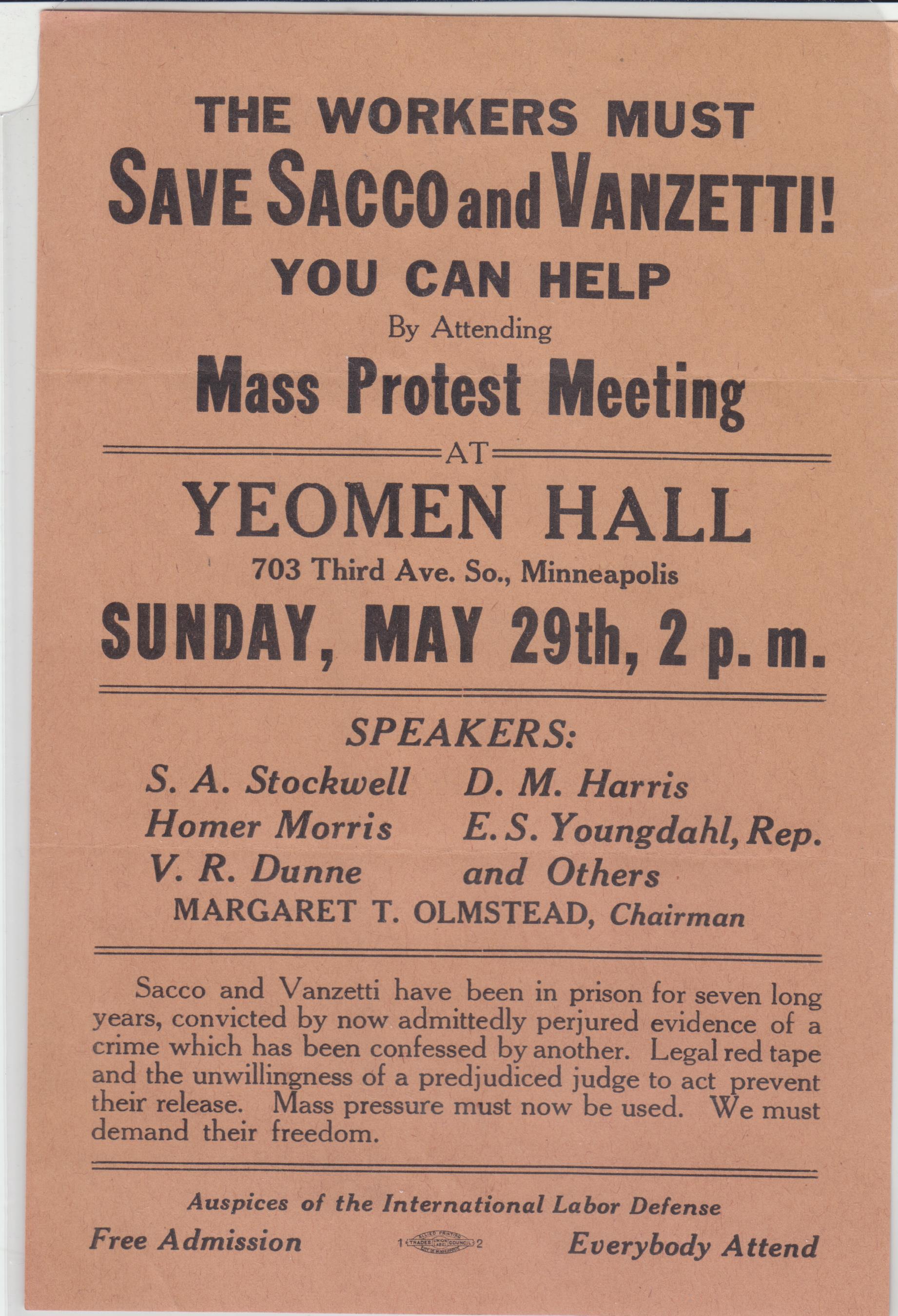 Image for The Workers Must Save Sacco and Vanzetti. You Can Help by Attending Mass Protest Meeting