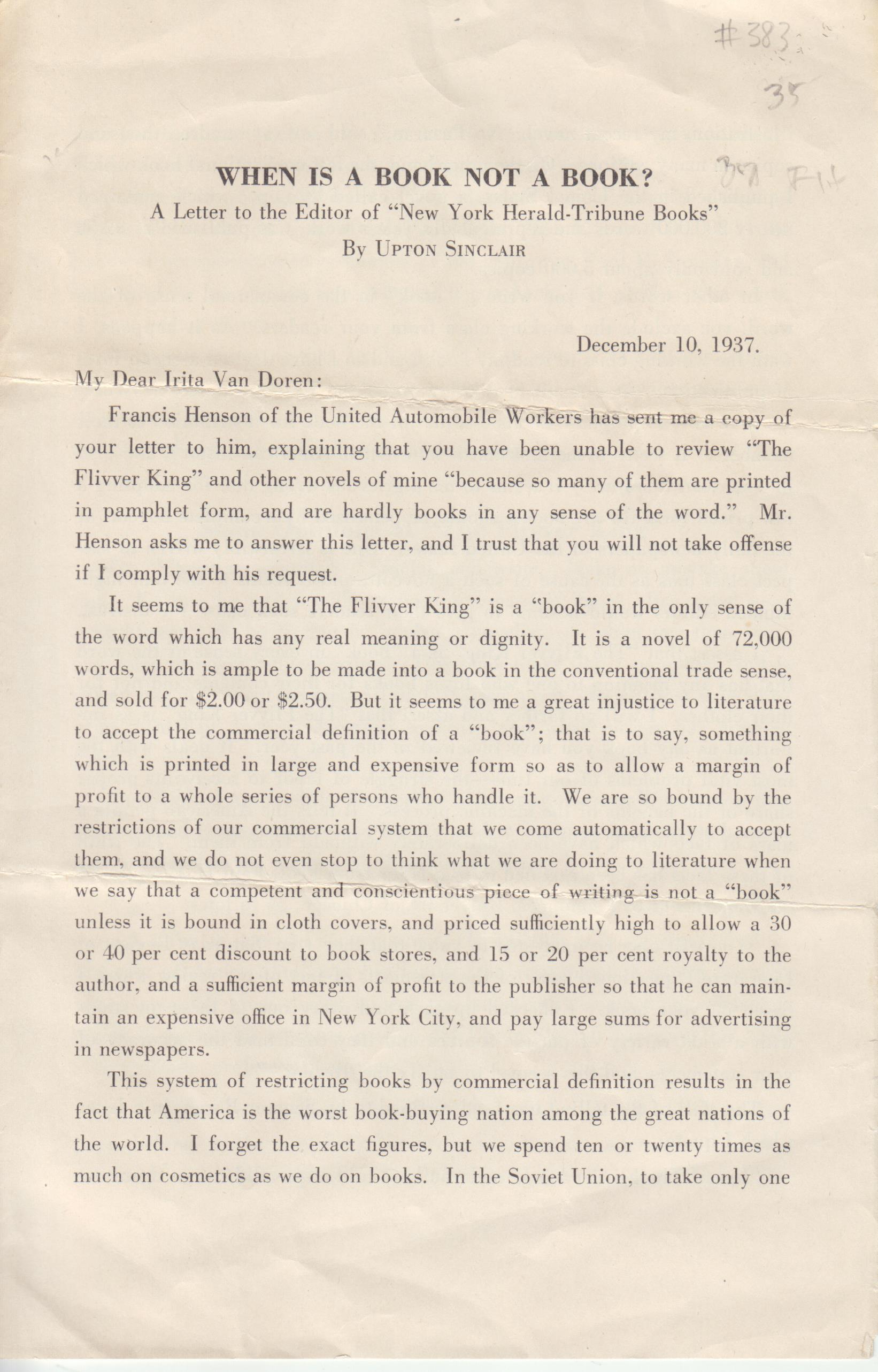 Image for When is a Book Not a Book? A Letter to the Editor of the "New York Herald Tribune Books"
