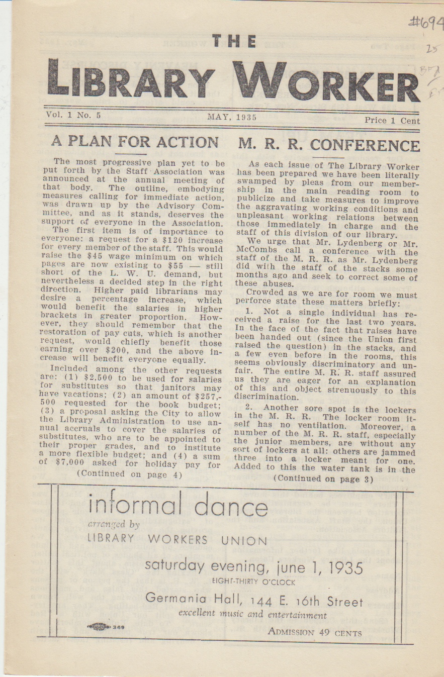 Image for The Library Worker, Volume 1, Number 5 (May 1935)